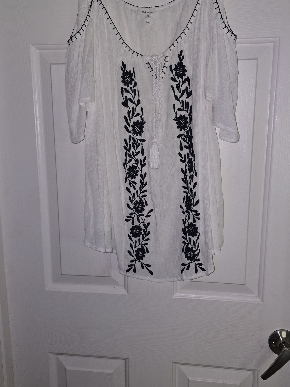 Maurices White Cold-Shoulder Blouse with Black Floral Embroidery